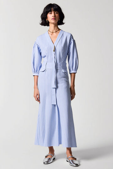 Blue Stripes Sheath V Neck 3/4 Sleeves Long Work Dress